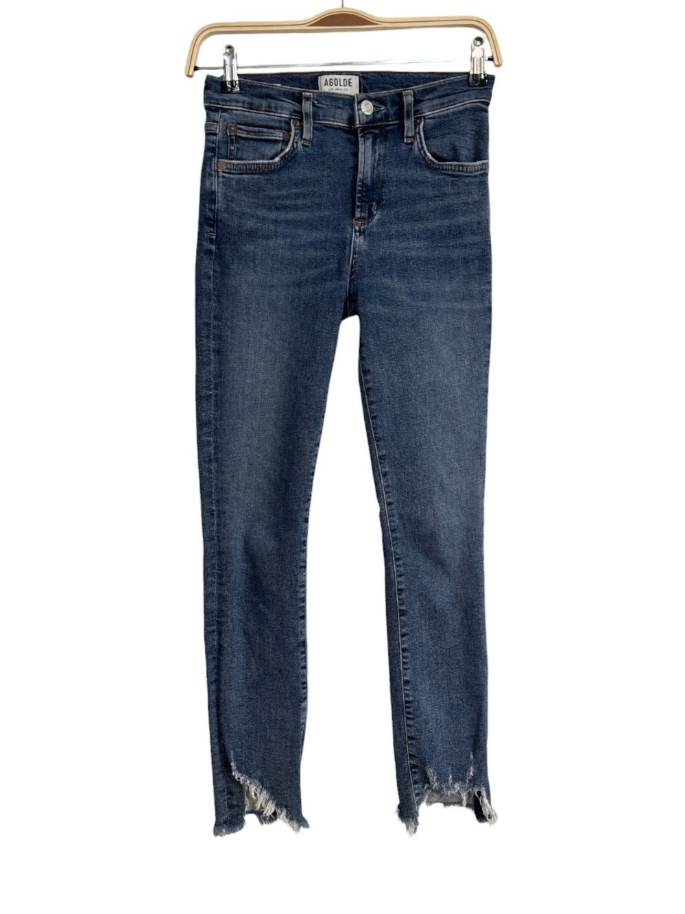 AGOLDE High Rise Skinny Jeans Raw Hem Medium Wash Stretch Denim Size 26